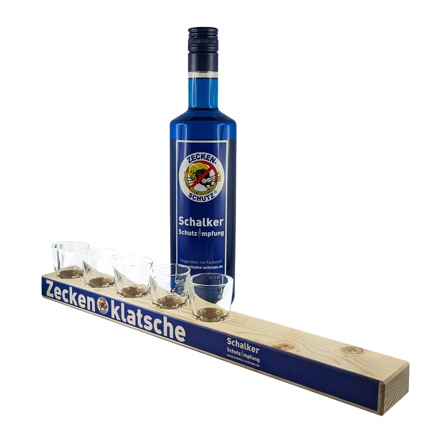 Schalke-Schnaps „Zeckenklatsche mit Impfbuddel“