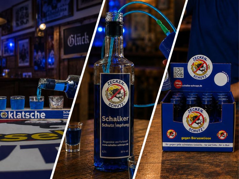 Schalke-Schnaps wird an der Zeckenklatsche eingeschenkt, daneben Flasche und 25er Impf-Box