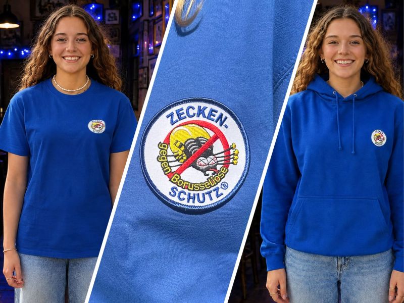 Zeckenschutz T-Shirt und Hoodie in Königsblau mit gesticktem Patch