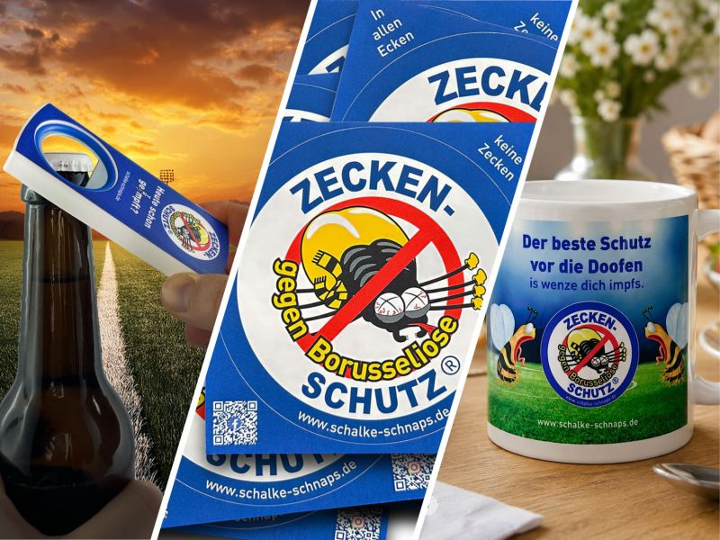 Zeckenschutz Flaschenöffner, Aufkleber und Kaffeetasse